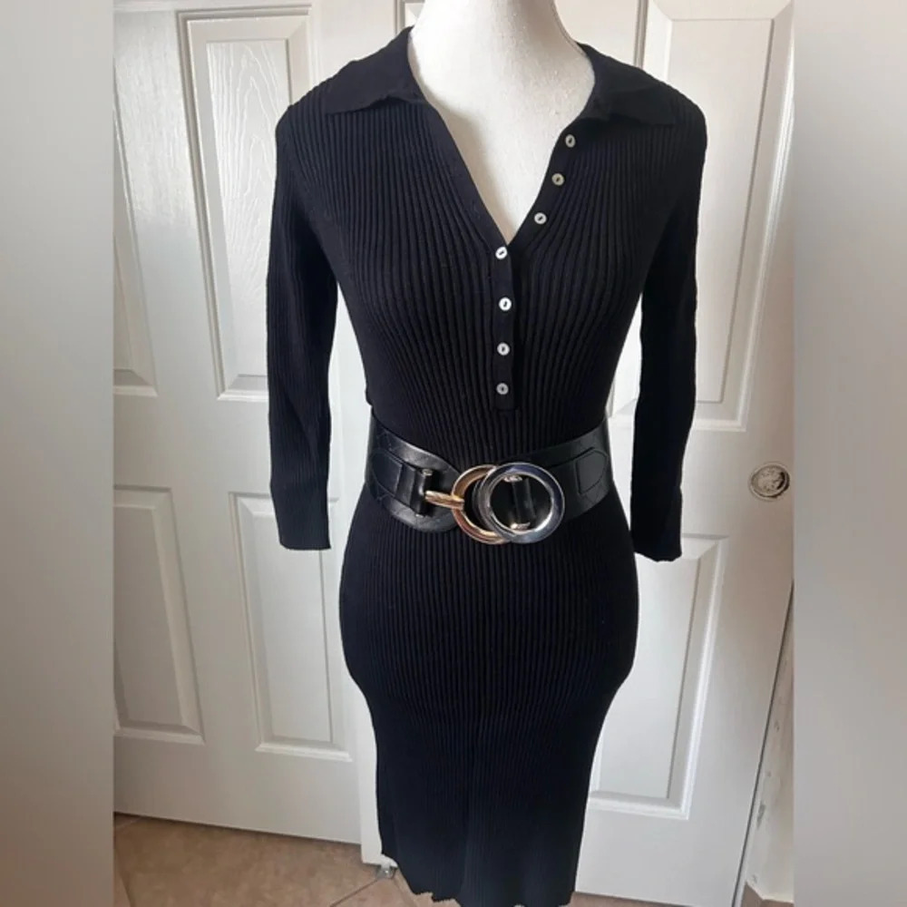 Lara Knit Womens 3/4 Sleeve Dress Black Size L‎ buttons in front